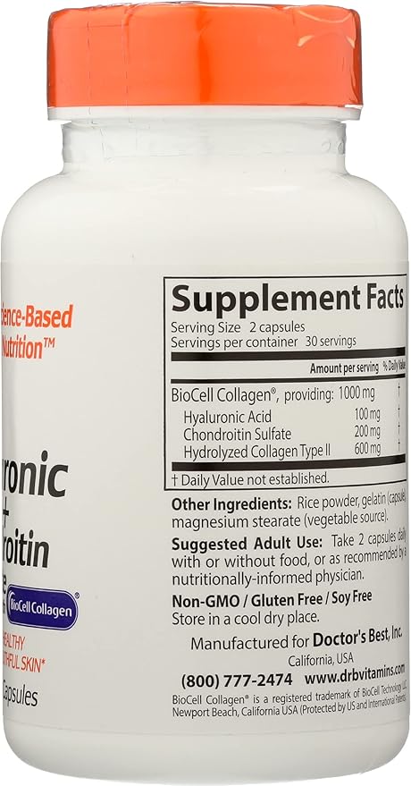 Doctors Best Hyaluronic Acid + Chondroitin Sulfate with BioCell Collagen, Non-GMO, Vegan, 60 Capsule (Pack of 1)