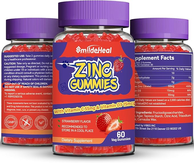 Zinc Gummies, Zinc 50mg, Zinc Citrate, with Vitamin C, Vitamin D3, Non-GMOs, Gluten Free, Strawberry Flavor Gummies, 60 Count