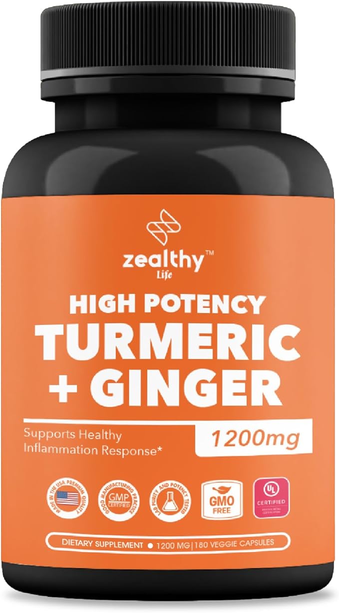 Turmeric + Ginger Capsules 1200mg | Joint Comfort, Inflammation Support & Digestive Health* | 180 Count | Zealthy Life High Potency Turmeric Ginger Supplement | 1200mg