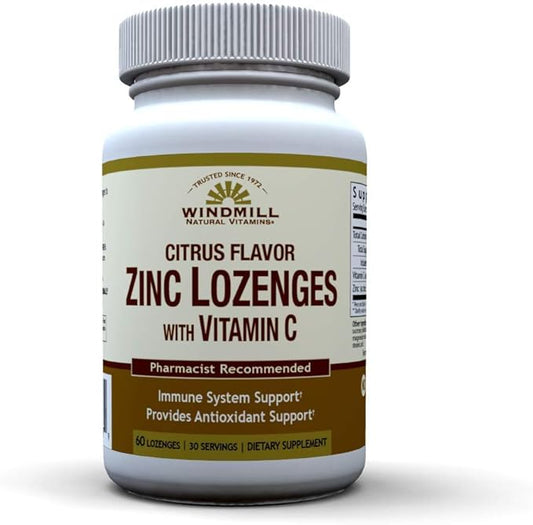 Windmill Health Natural Vitamins Zinc Lozenges with Vitamin C Honey Lemon Flavor, Immune System Support, Provides Antioxidant Support, Delicious & Fast Acting, 60 Lozenges, 30 Servings.