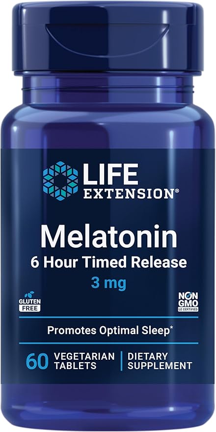Life Extension Melatonin 6 Hour Timed Release 3 mg - For Circadian Rhythm & Immune Function, Cellular and DNA Health - Sleep Supplement - Non-GMO, Gluten-Free - Vegetarian Tablets, 60 Count