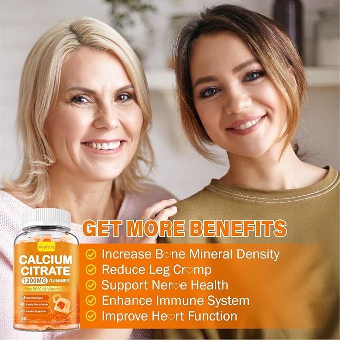 Calcium 1200 mg with Vitamin D3 Gummies for Adults - Calcium Citrate with Vitamin D3 5000iu for Ultimate Absorption - Calcium Supplement for Women Men - Sugar Free, Non-GMO, Natural Strawberry Flavor