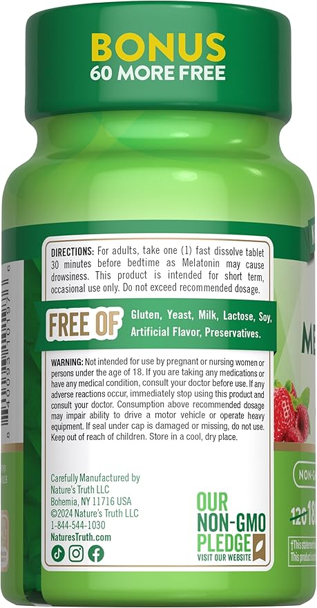 Nature's Truth Melatonin 3mg Fast Dissolve Tablets | 180 Count | Natural Berry Flavor | Vegan, Non-GMO & Gluten Free Supplement
