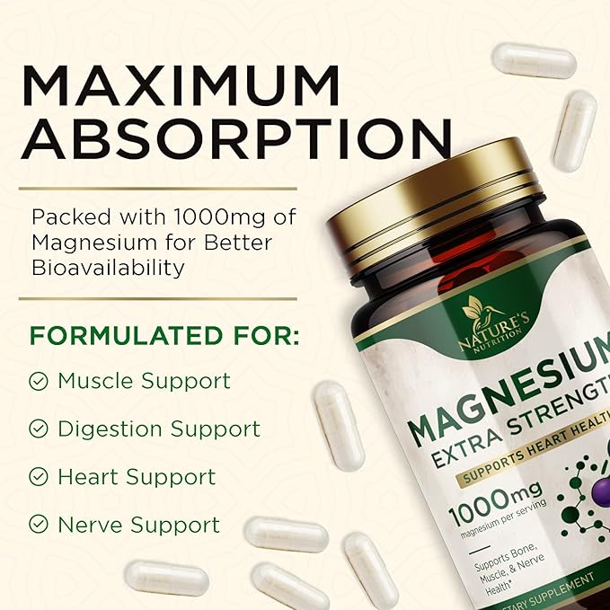 Magnesium Supplement (Citrate Oxide) 1000mg for Best Absorption, Supports Bone, Heart Health, Nerves, Muscles & Metabolism, Nature's Pure Magnesio Vitamin Pills, Bottled in USA, 180 Capsules