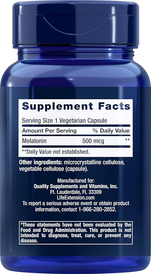 Life Extension Melatonin, 500 mcg – Gently Promotes Sleep, Low Dose, Value Size – Non-GMO, Gluten-Free, Vegetarian – 200 Capsules