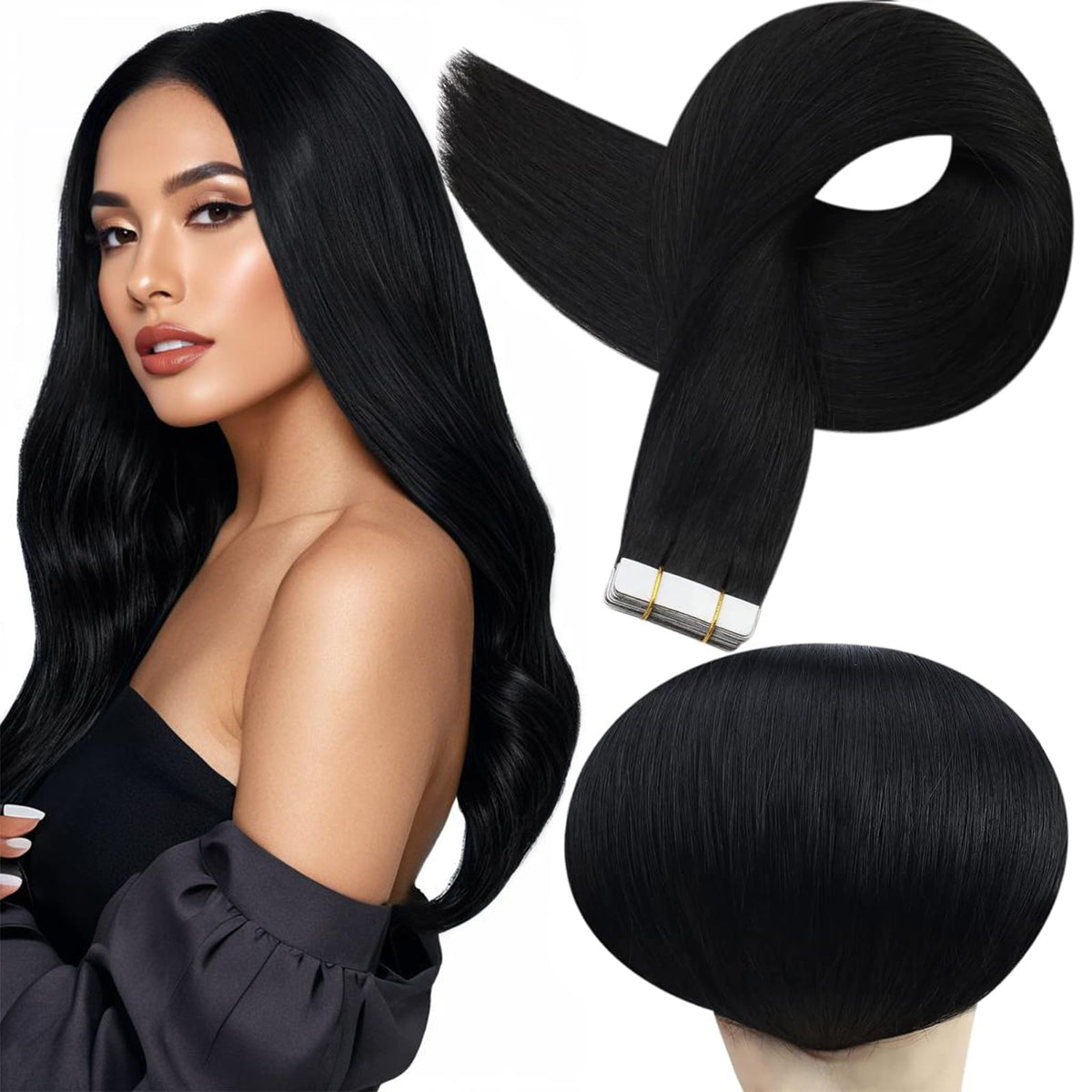 Full Shine Tape In Hair Extensions Human Hair 18 Inch Glue In Remy Hair Extensions Color 1 Jet Black Fashion Tape In Extensions,
