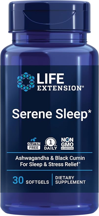 Life Extension Serene Sleep – Ashwagandha, Black Cumin – Sleep Supplement, Calm, Relaxation, Sleep Support Without Melatonin – Once-Daily, Gluten-Free, Non-GMO – 30 Softgels