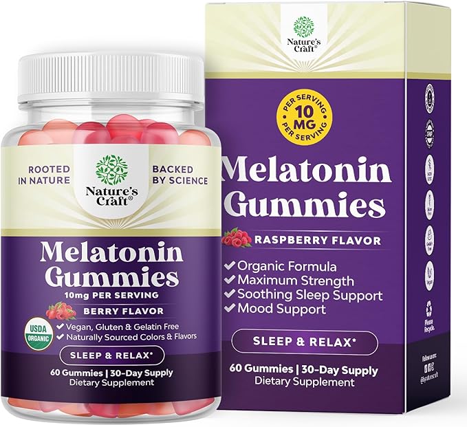 Organic Melatonin Gummies 10mg per Serving - Fast Acting Tasty Sleep Gummies for Adults Extra Strength Melatonin 10mg for Adults Enhanced Sleep Quality & Duration - Non GMO Organic & Vegan (30 Days)