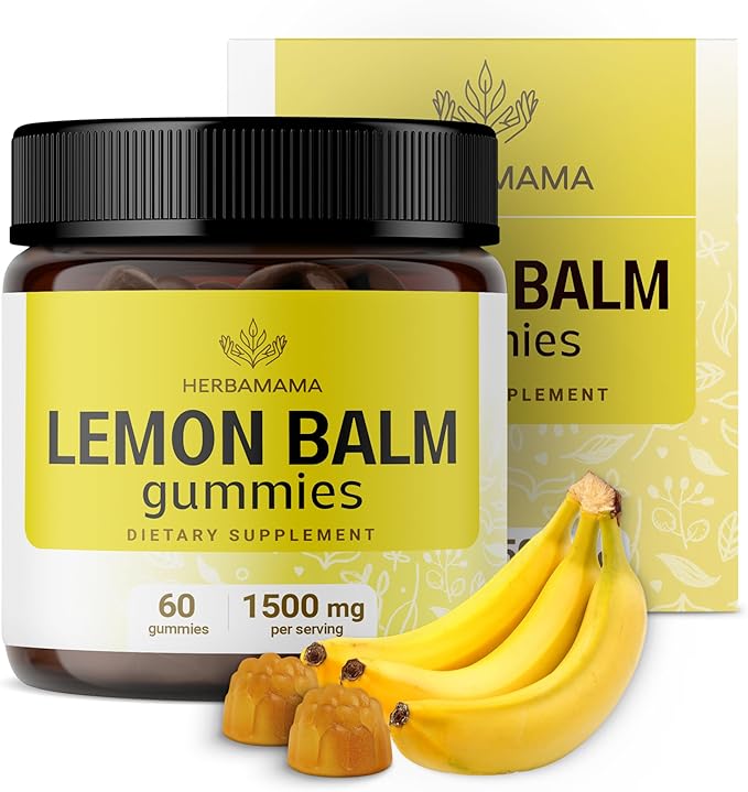 HERBAMAMA Lemon Balm Calming Gummies - 1500mg Lemon Balm Herb for Calm Support - Vegan, Non-GMO Relaxation Supplement with Melissa Officinalis Leaves - 60 Pectin-Based Banana-Flavored Chews
