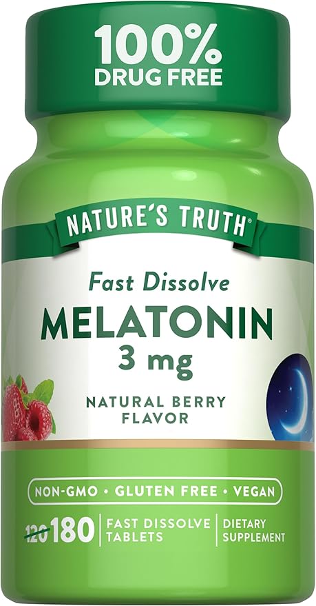 Nature's Truth Melatonin 3mg Fast Dissolve Tablets | 180 Count | Natural Berry Flavor | Vegan, Non-GMO & Gluten Free Supplement