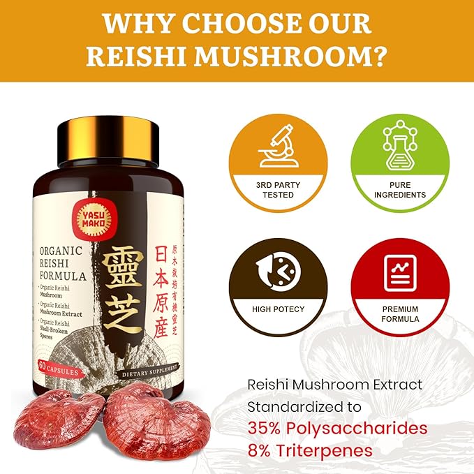 Japanese Reishi Mushroom Supplement 800mg with Reishi Mushroom Extract 500mg & Shell-Broken Spores 200mg,Organic Mushroom Capsules for Immune System - Real Fruiting Body (Pack of 1)