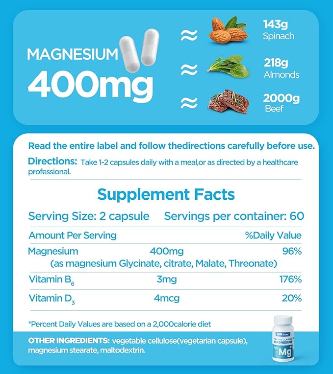Quadruple Magnesium Supplement, 400mg of Chelate Magnesium Glycinate, L-threonate, Citrate & Malate | Max Absorption Complex w/Vitamin D3 & B6, for Sleep Heart Muscles Nerves, Non-GMO, 120 Vegan Caps