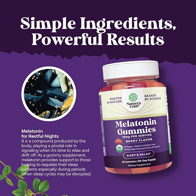 Organic Melatonin Gummies 10mg per Serving - Fast Acting Tasty Sleep Gummies for Adults Extra Strength Melatonin 10mg for Adults Enhanced Sleep Quality & Duration - Non GMO Organic & Vegan (30 Days)