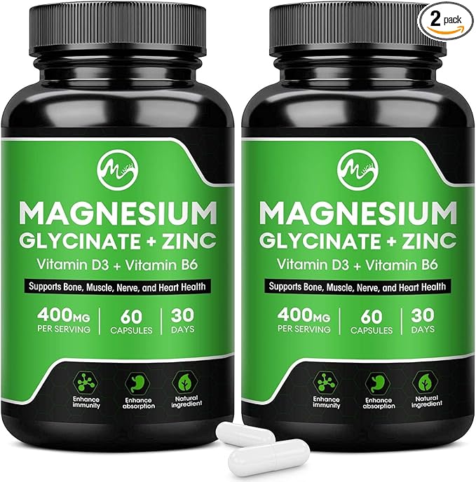 (2 Pack) Magnesium Glycinate Capsules, Magnesium Supplement 400 mg with Zinc,Vitamin D3 & B6 - Highly Bioavailable and Absorption - Bone,Heart,Joint,Immune Support - 120 Vegan Capsules for Women & Men