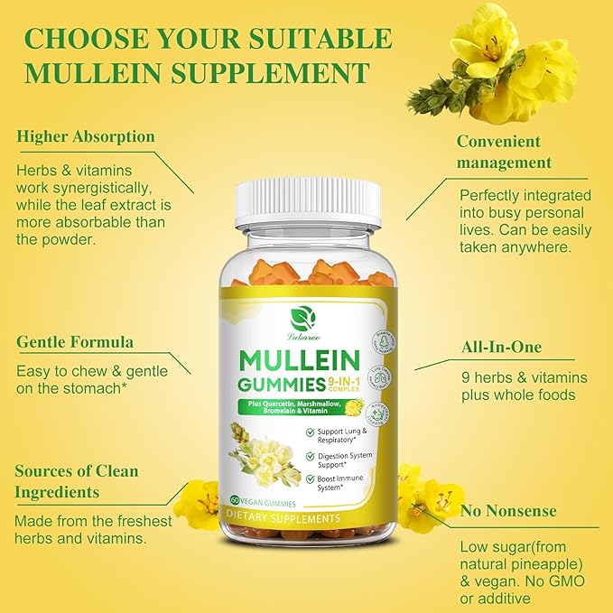 (2 Pack) 9 in 1 Mullein Gummies for Lung Cleanse, Mullein Leaf Extract w/Quercetin, Bromelain, Elderberry & Marshmallow for Respiratory, Immune, Vegan,120 Count
