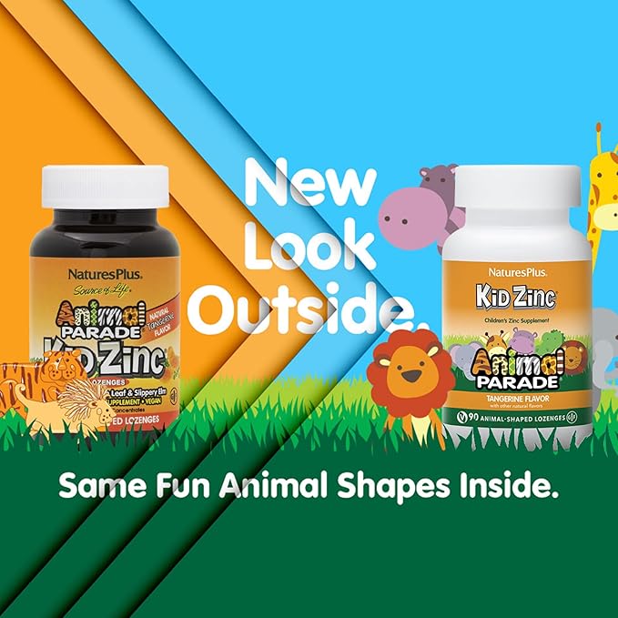 Natures Plus Animal Parade KidZinc, Tangerine Flavor - 90 Animal-Shaped Lozenges - Organically Chelated Zinc - Vegan, Gluten Free - 90 Servings