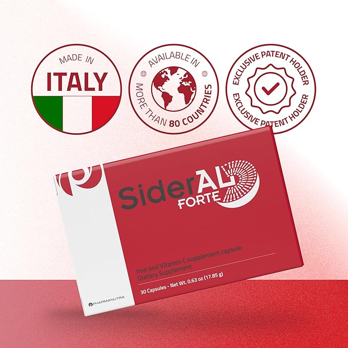 SiderAL Forte Iron Supplement and Vitamin C for Women and Men - Premium Supplement for Deficiency and Anemia Support - High Absorption - Gentle on The Stomach - Non-Constipating - 180 Caps