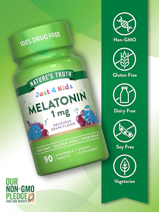 Nature's Truth Kids Melatonin Chewable Tablets | 1mg | Grape Flavor | Vegetarian, Non-GMO, & Gluten Free Supplement