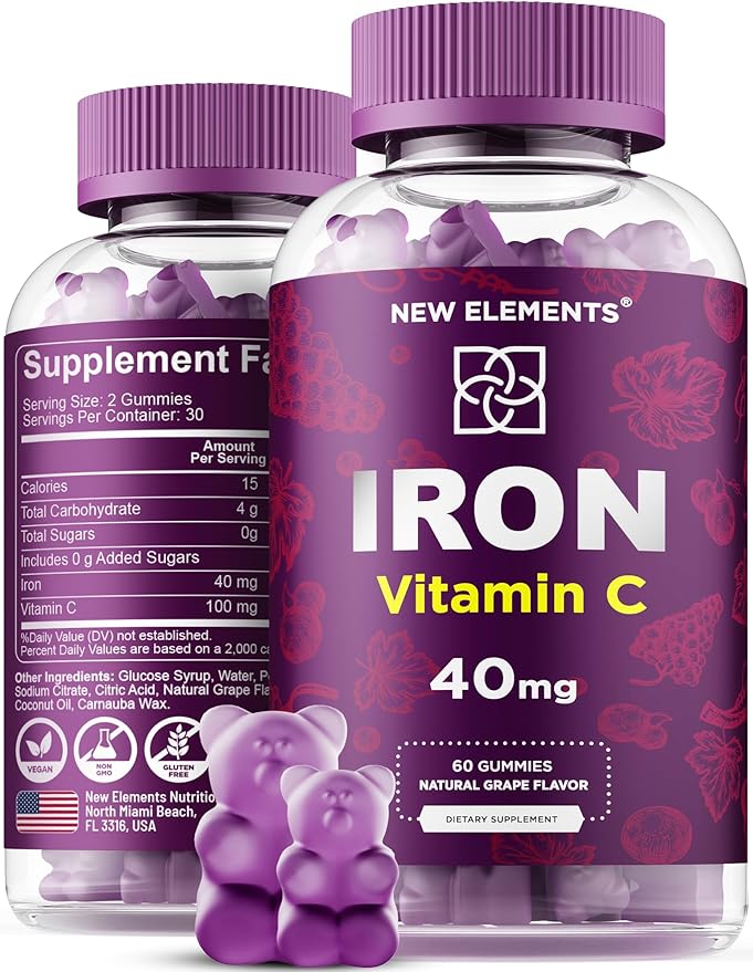 Iron Gummies 40mg with Vitamin C 100mg – Best Iron Supplement for Women, Men & Adults – Free Blood Builder for Anemia – Immune Support & Energy Booster | Fruit Pectin | Vegan | Non-GMO