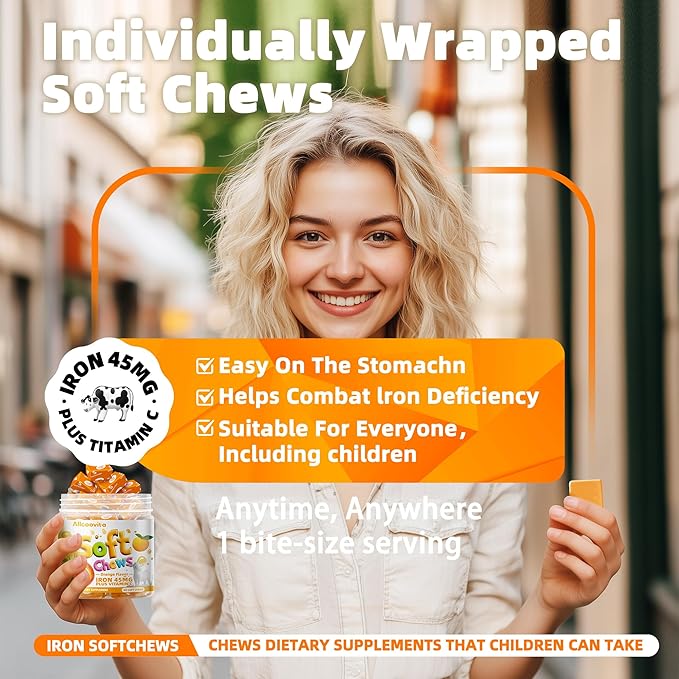 Iron Soft Chew Supplement with Vitamin C | Orange Flavored | Gluten Free | Iron Supplement for Women Men and Kids | 60 Count | 2 Month Supply