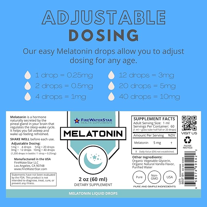 FWS Liquid Melatonin Drops for Adults and Kids - 99% Pure Bioactive Melatonin - Organic, Non-GMO, Vegan - Minimal Ingredients - Easy Adjustable Dosing - Helps to Promote Restful Sleep - 2oz