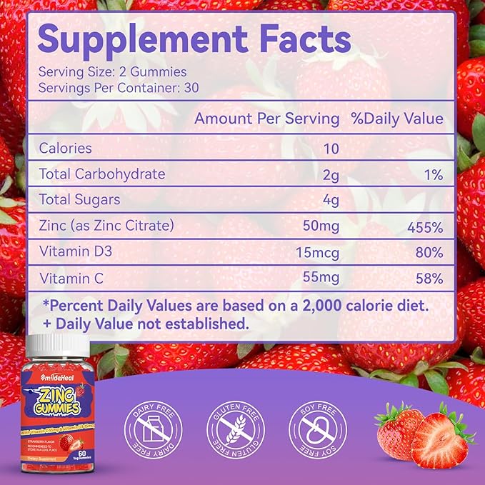 Zinc Gummies, Zinc 50mg, Zinc Citrate, with Vitamin C, Vitamin D3, Non-GMOs, Gluten Free, Strawberry Flavor Gummies, 60 Count