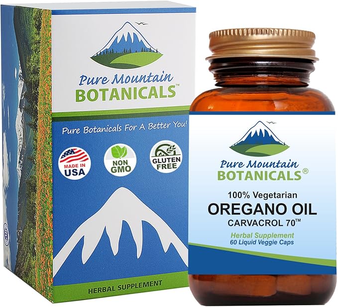 Pure Mountain Botanicals Wild Oregano Oil Capsules - 60 Kosher Vegan Caps Now with 510mg Mediterranean Oil of Oregano Supplement