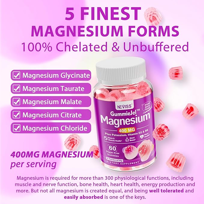 Magnesium Complex Filled Gummies 400mg - Magnesium Citrate, Glycinate, Malate, Chloride & Taurate - Supplement Magnesium with Ashwagandha Vitamin D3 & Zinc for Muscle, Mood & Energy, Sugar Free, 2Pack