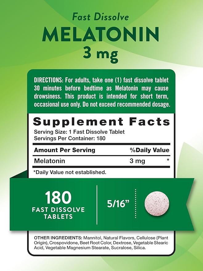 Nature's Truth Melatonin 3mg Fast Dissolve Tablets | 180 Count | Natural Berry Flavor | Vegan, Non-GMO & Gluten Free Supplement