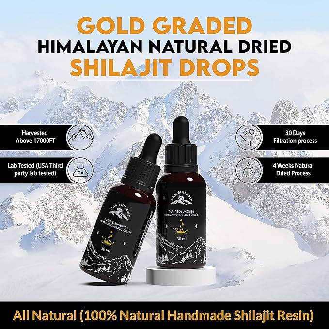 Natural Dried Himalayan Shilajit Liquid Drops, Most Premium & Potent Gold Graded Shilajit Drops Above 17000FT Directly from The Source (30ML Pack), Rich in Fulvic Acid Humic Acid